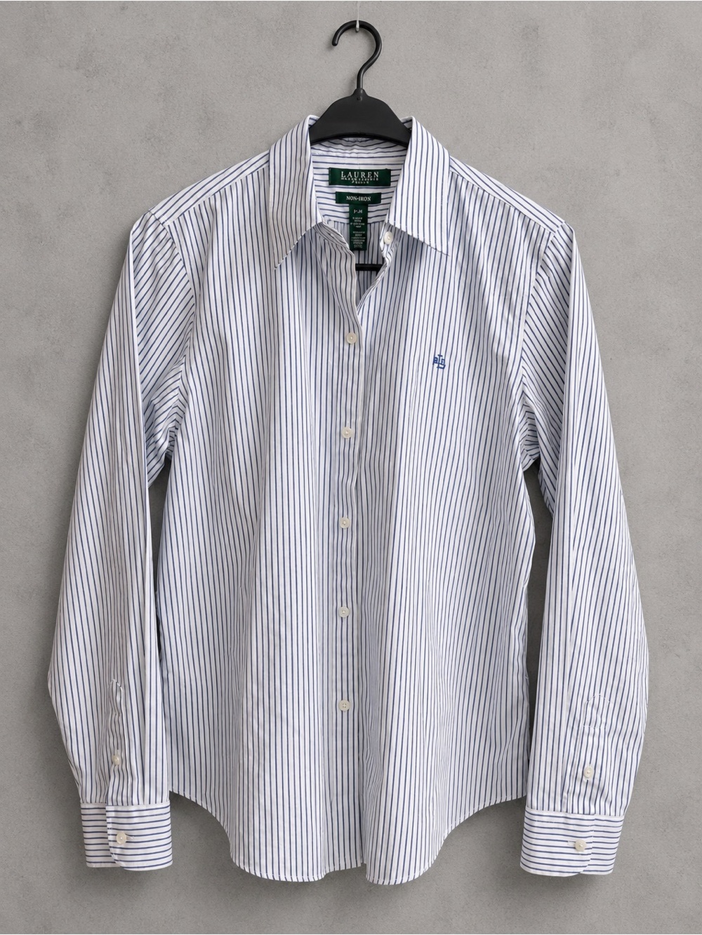 Lauren Ralph Lauren Petite M Blue White Striped Non-Iron Shirt
